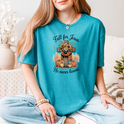 Christian Fall Unisex T-Shirt - 'Fall for Jesus he never leaves'