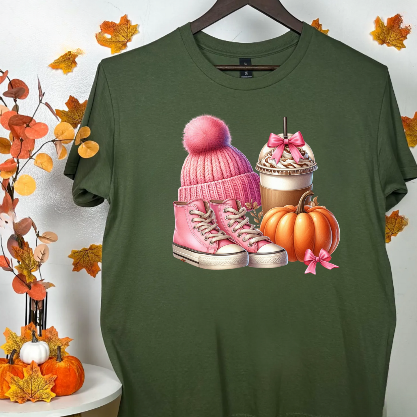 Pink Autumn Unisex T-Shirt - Pink Beanie, Pink Boots, coffee and Pumpkin Design