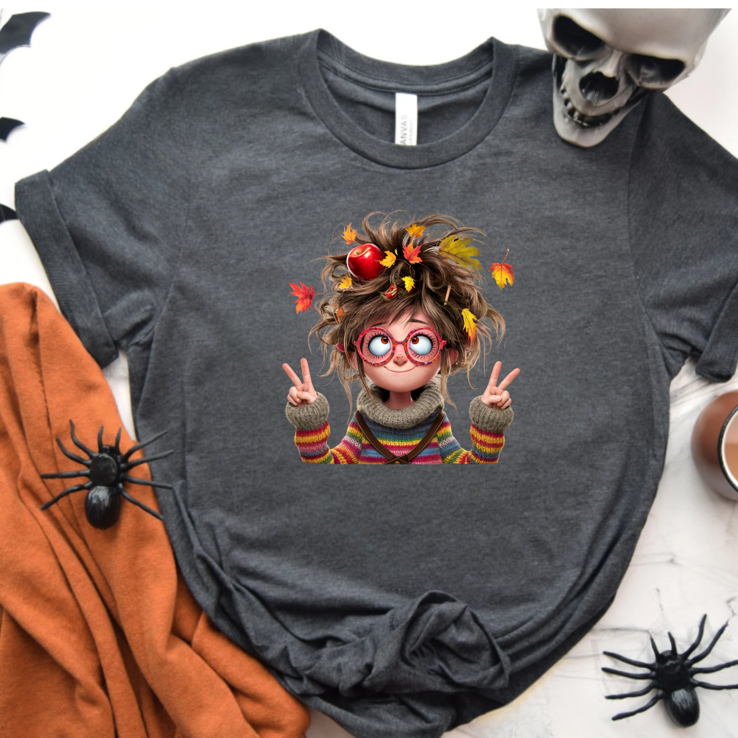 Fall Lady Softstyle T-Shirt with Crazy Hair, Leaves, and Apples