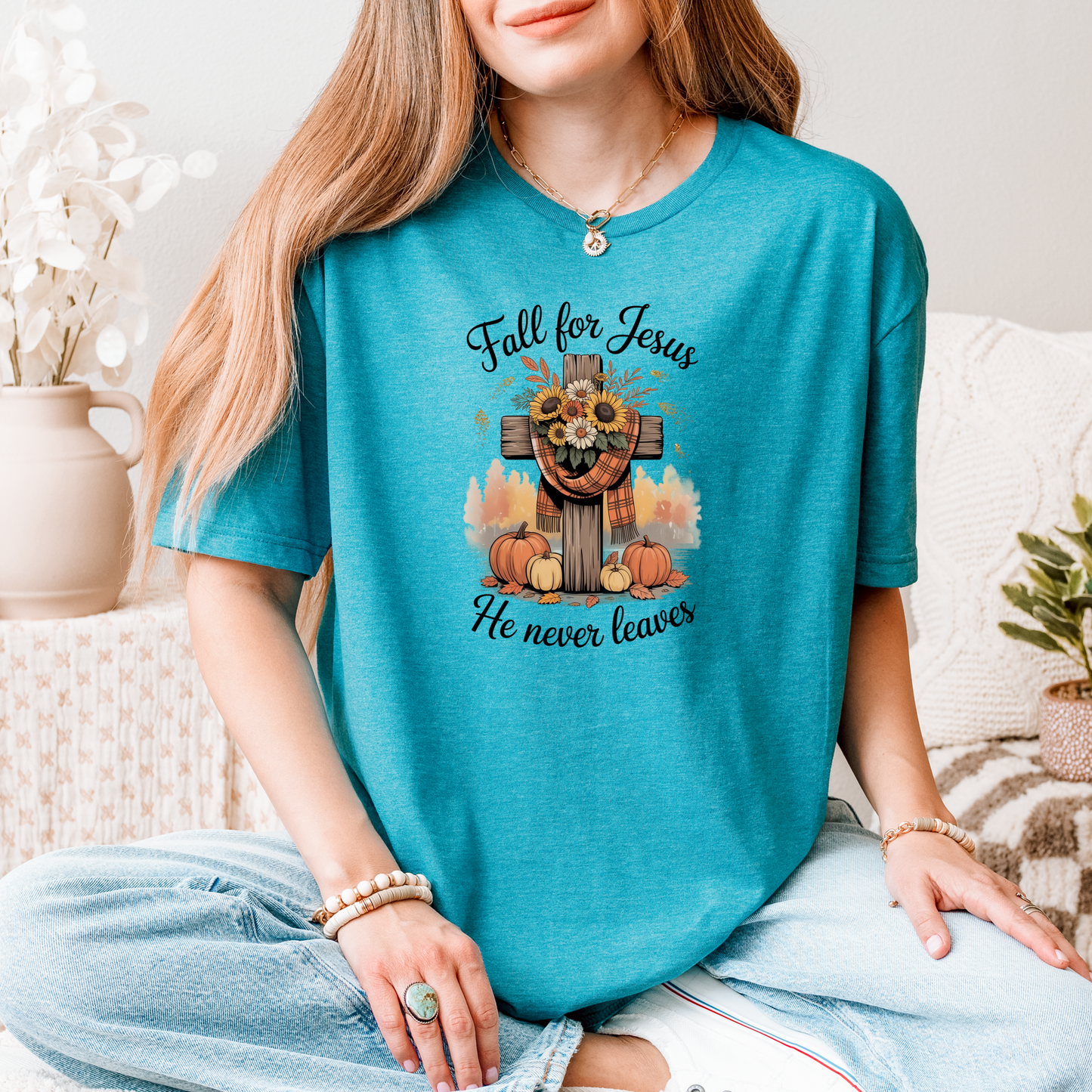 Christian Fall Unisex T-Shirt - 'Fall for Jesus he never leaves'