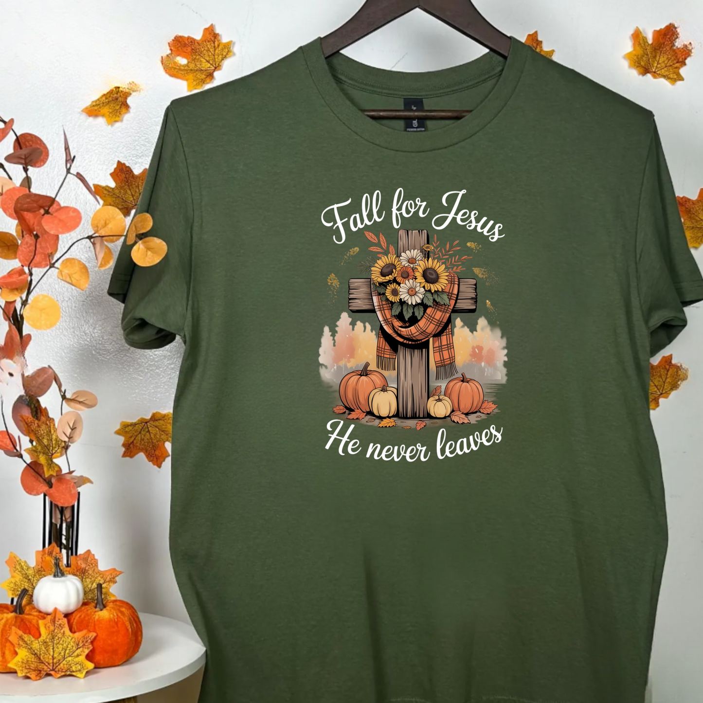 Christian Fall Unisex T-Shirt - 'Fall for Jesus he never leaves'