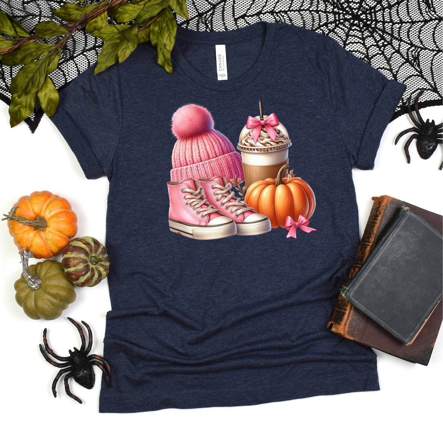 Pink Autumn Unisex T-Shirt - Pink Beanie, Pink Boots, coffee and Pumpkin Design