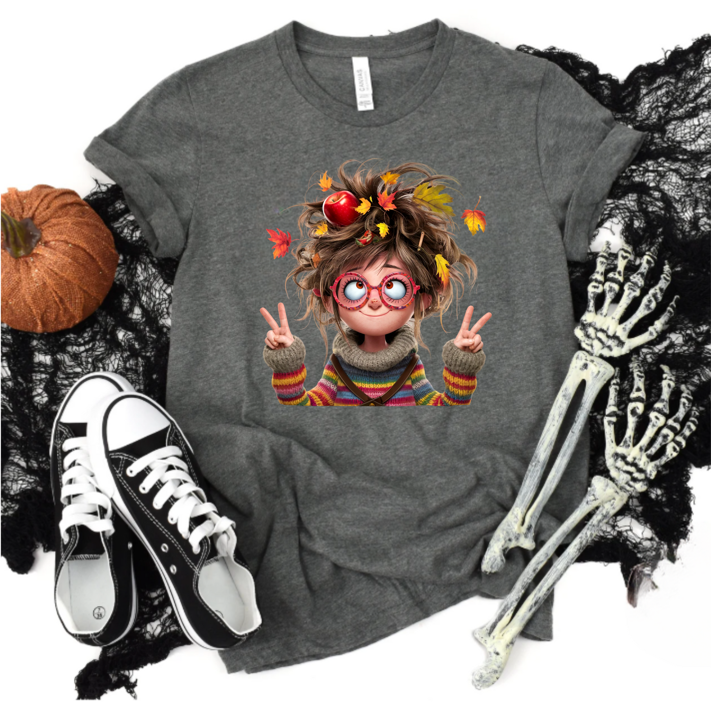 Fall Lady Softstyle T-Shirt with Crazy Hair, Leaves, and Apples