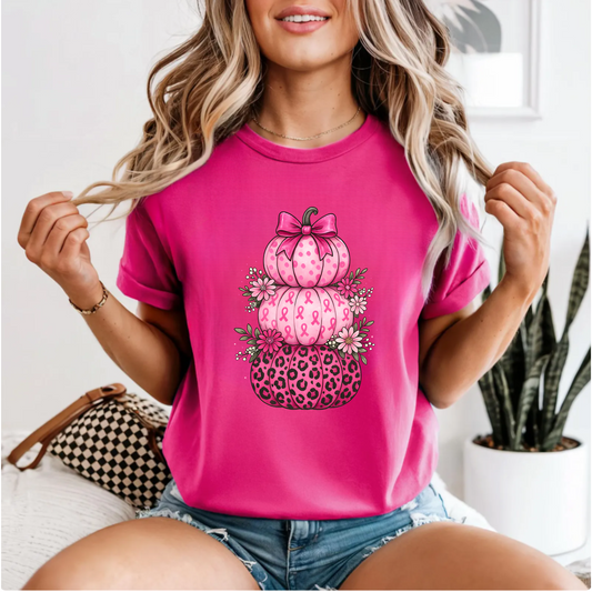 Unisex T-Shirt Pink Ribbon Stacked Pumpkins Halloween Fall