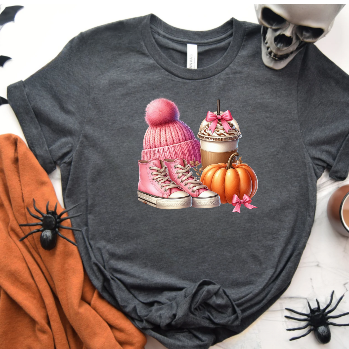 Pink Autumn Unisex T-Shirt - Pink Beanie, Pink Boots, coffee and Pumpkin Design