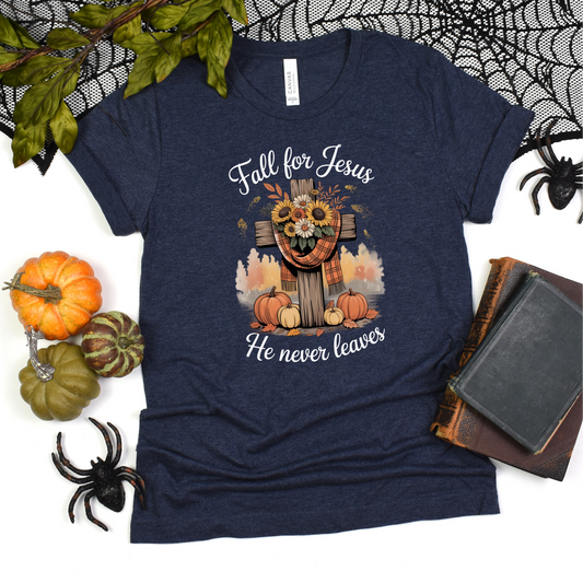 Christian Fall Unisex T-Shirt - 'Fall for Jesus he never leaves'