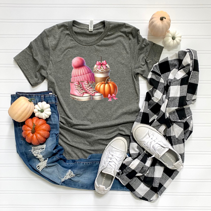 Pink Autumn Unisex T-Shirt - Pink Beanie, Pink Boots, coffee and Pumpkin Design