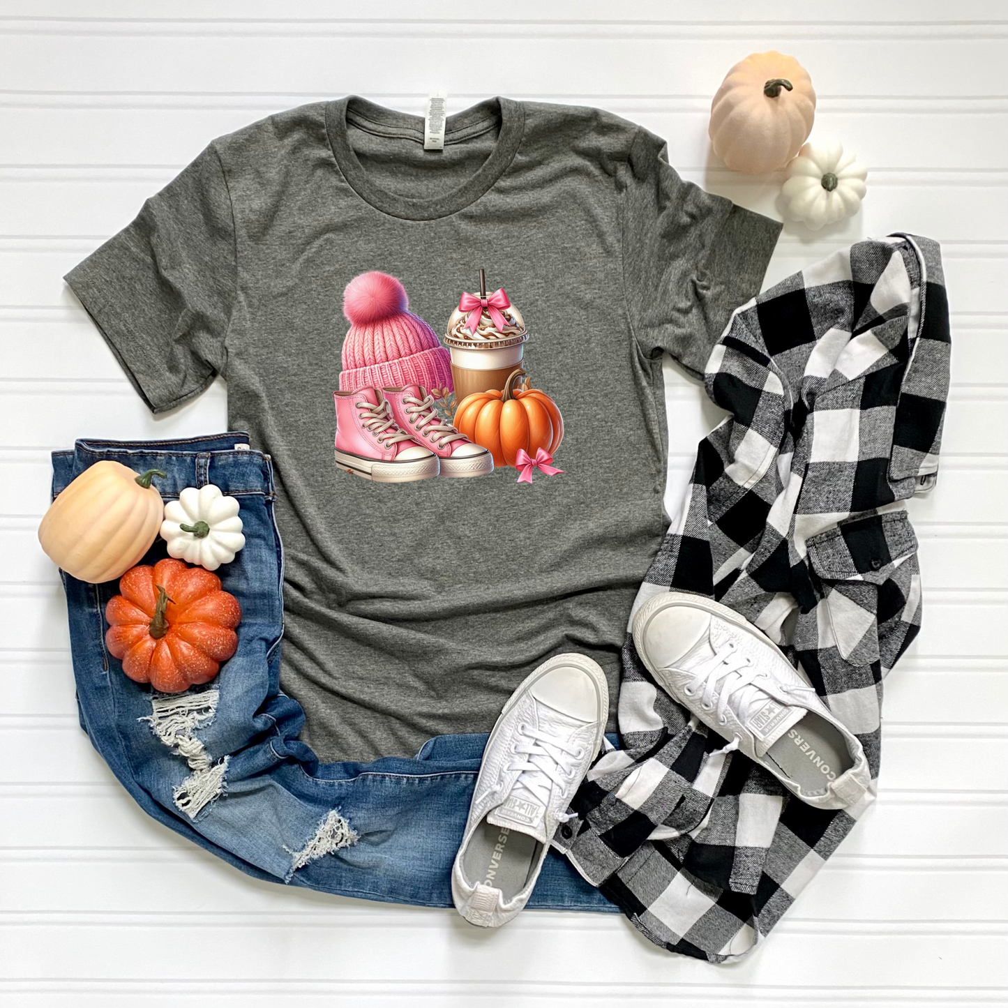 Pink Autumn Unisex T-Shirt - Pink Beanie, Pink Boots, coffee and Pumpkin Design