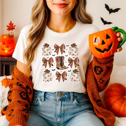 Cowboy Halloween Unisex T-Shirt with Coquette Bows and Cowboy Boots
