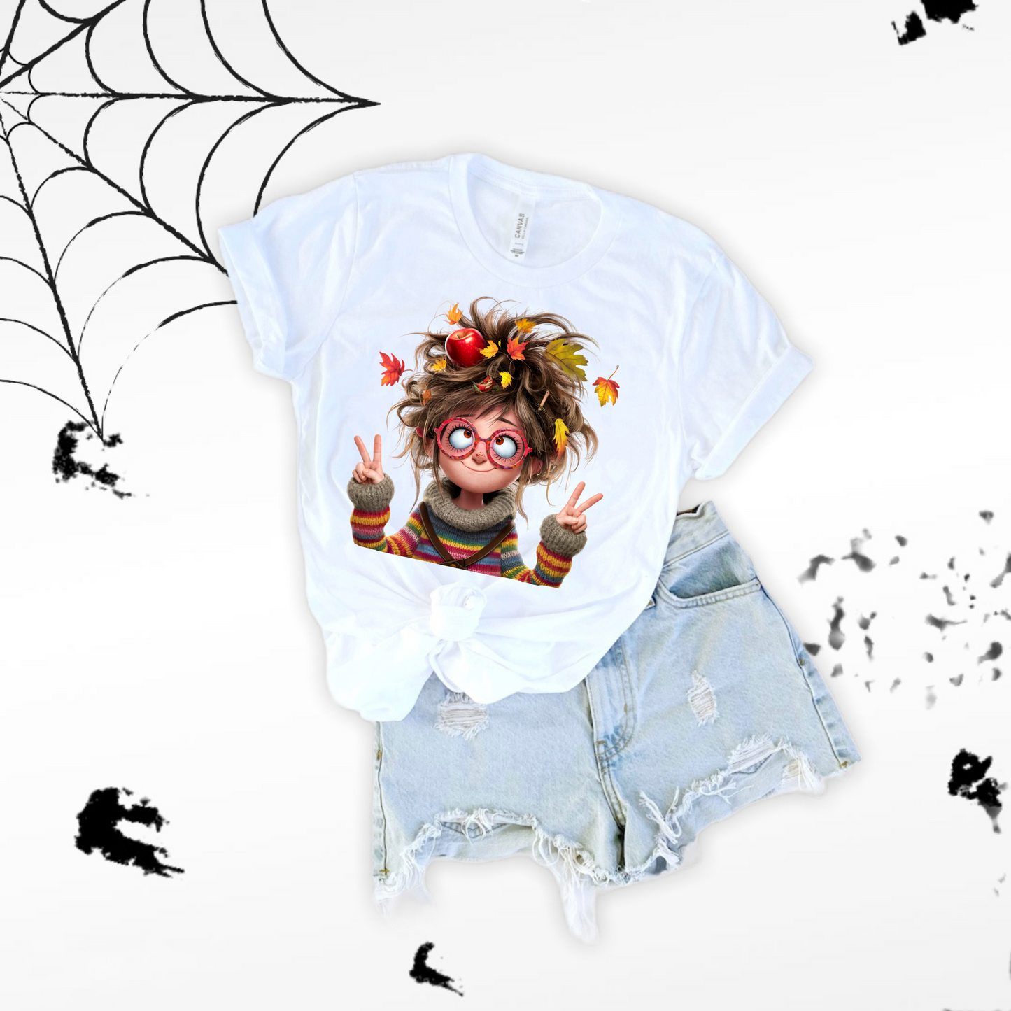 Fall Lady Softstyle T-Shirt with Crazy Hair, Leaves, and Apples