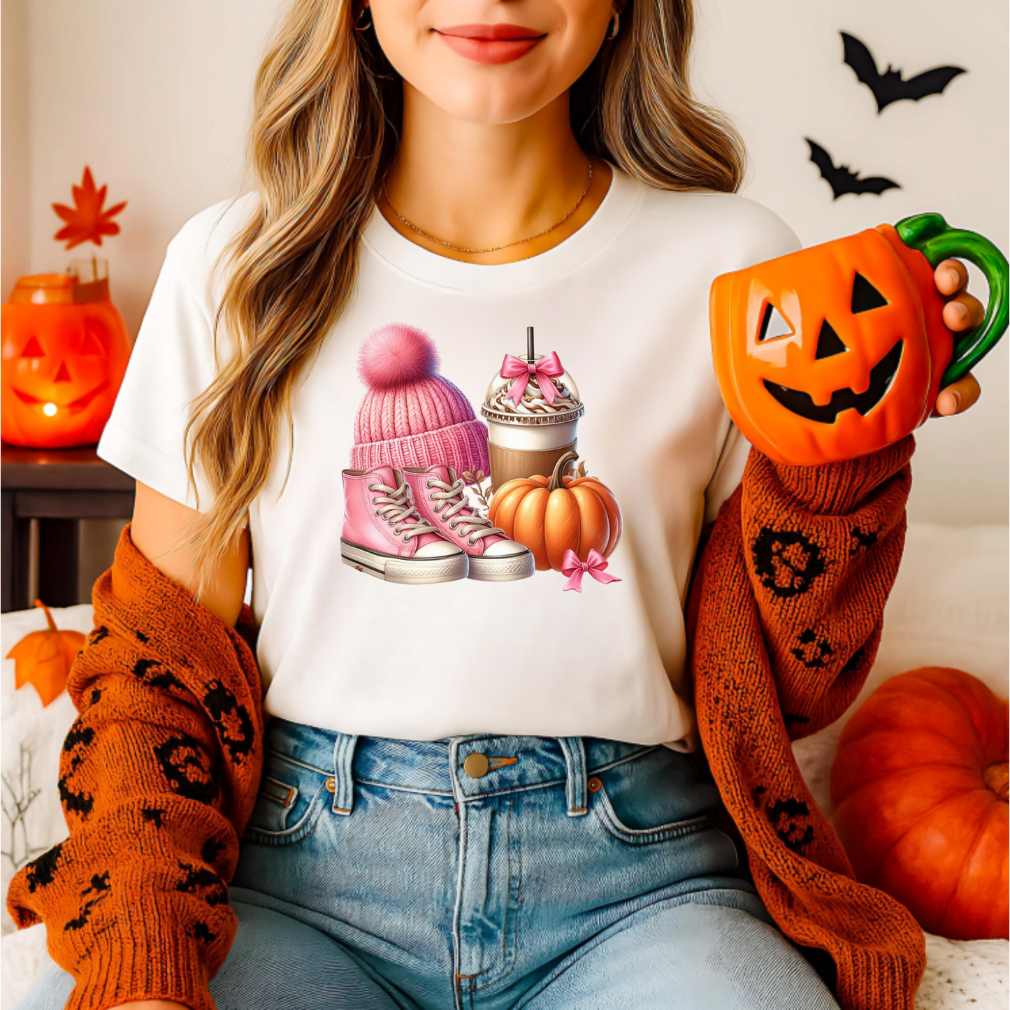Pink Autumn Unisex T-Shirt - Pink Beanie, Pink Boots, coffee and Pumpkin Design