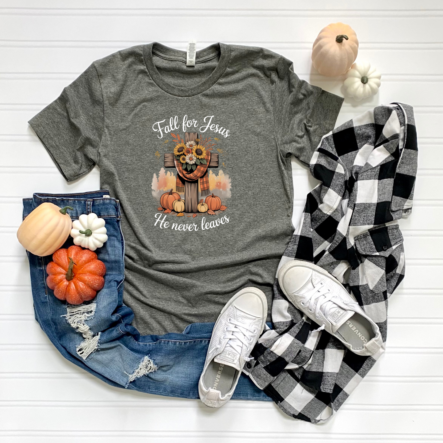 Christian Fall Unisex T-Shirt - 'Fall for Jesus he never leaves'